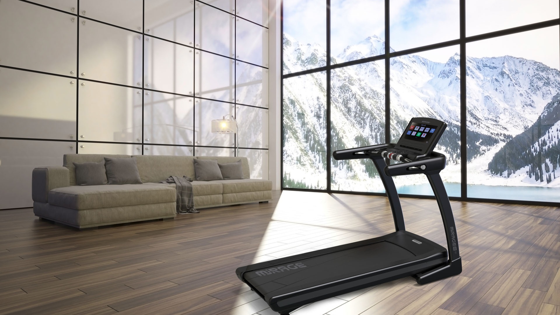 Toorx Mirage loopband in een modern interieur met uitzicht op de bergen